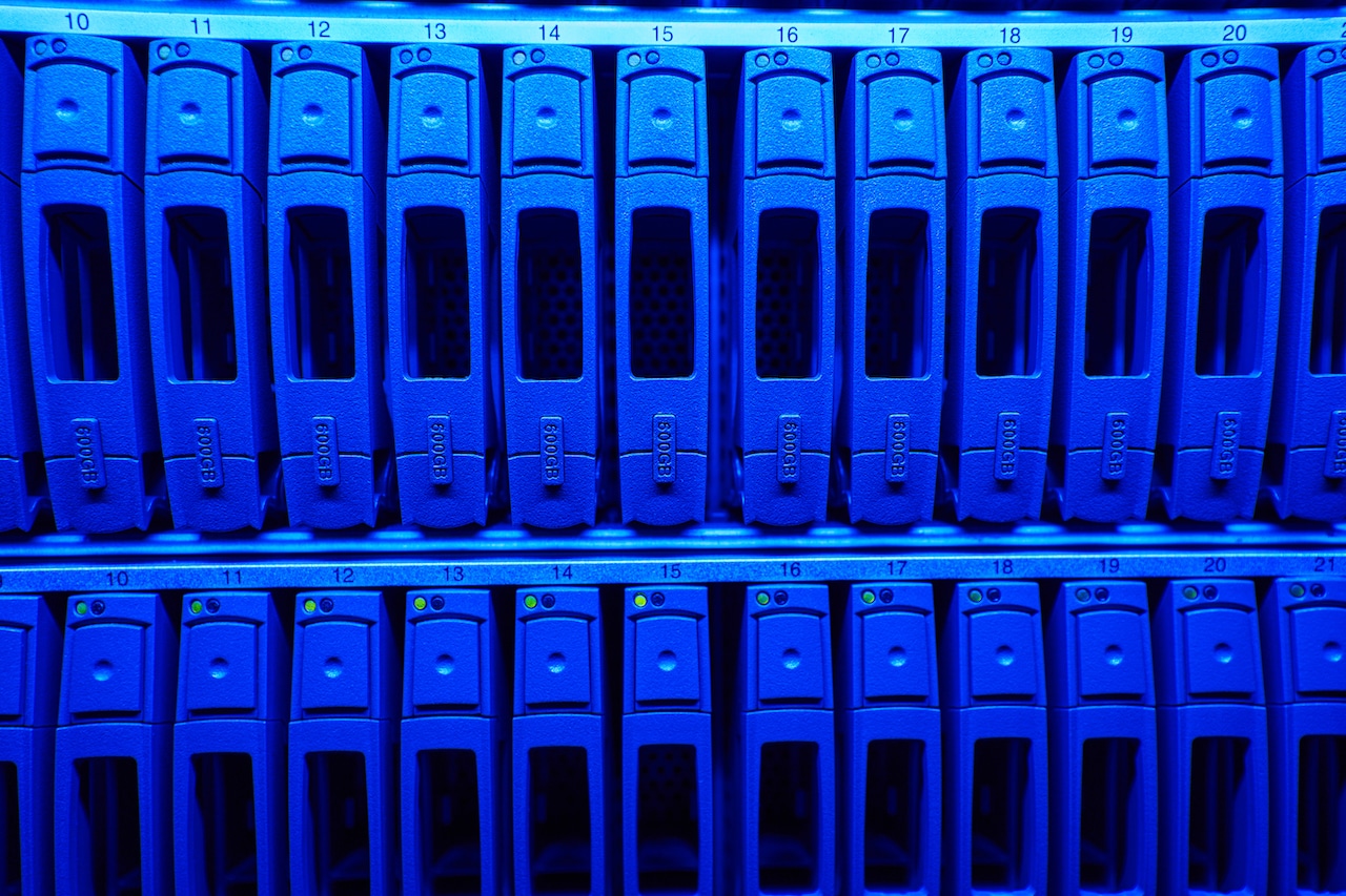 closeup of servers in server room set up for data recovery